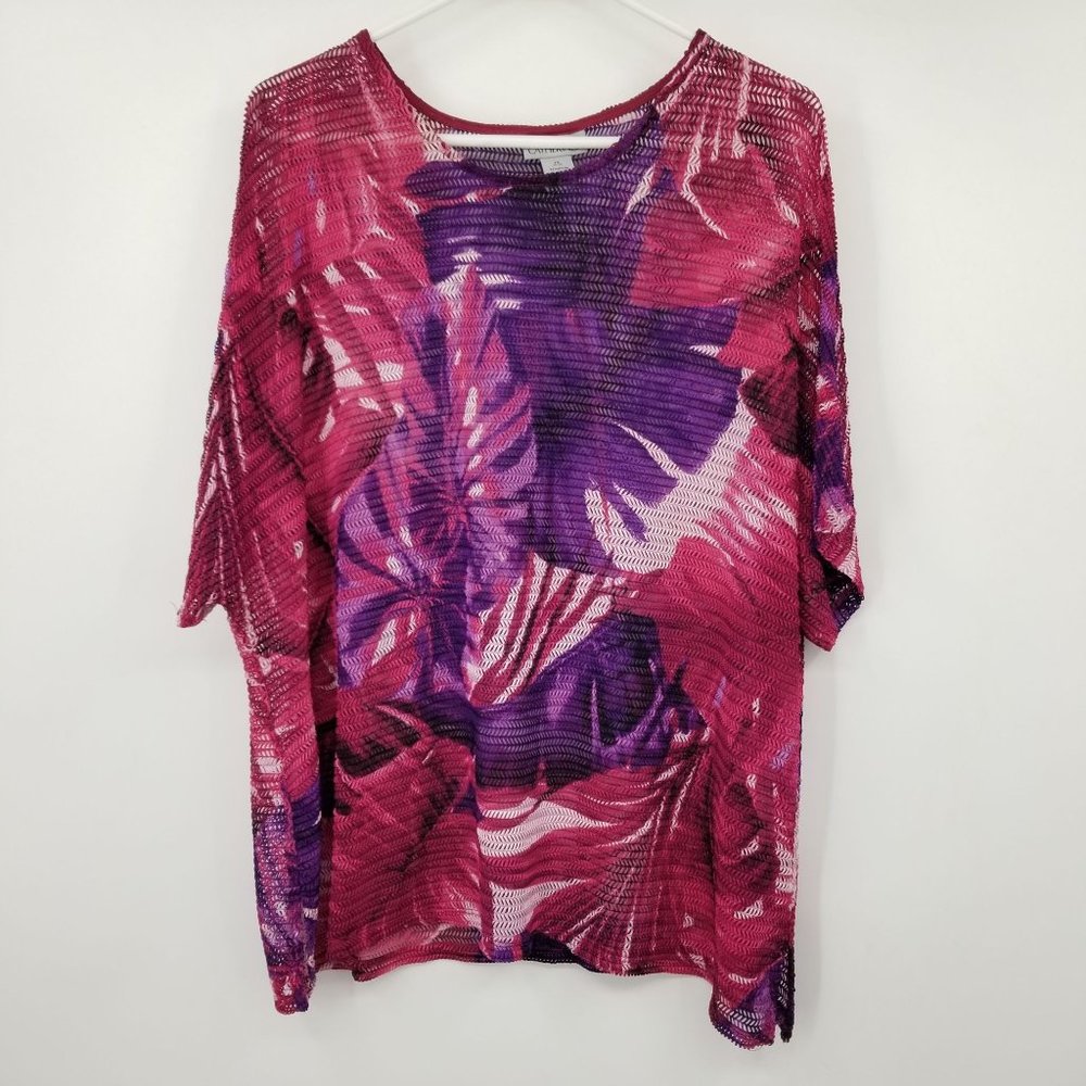 Maggie Barnes for Catherines Open Weave Pink‎ and Purple Floral Shirt 1X